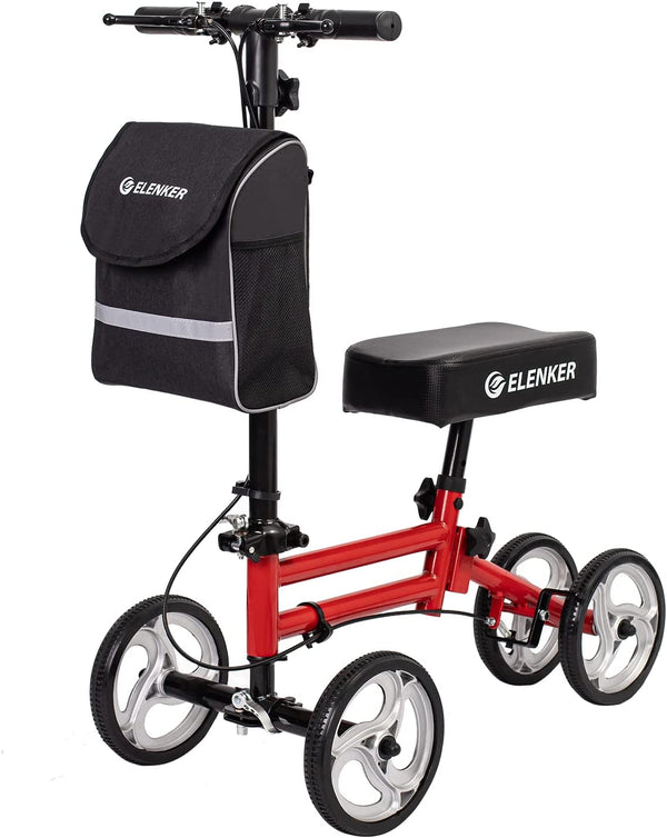 ELENKER® YF-9005A Knee Scooter Economy Knee Walker with Dual Braking System for Injury or Surgery to The Foot, Ankle Injuries Red