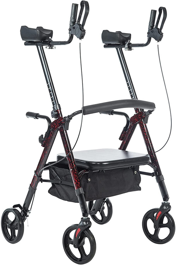 HFK-9219B PLUS ELENKER® Heavy Duty Upright Walker, Bariatric Stand Up Rollator Walker with Extra Wide Padded Seat & Backrest Flame Red