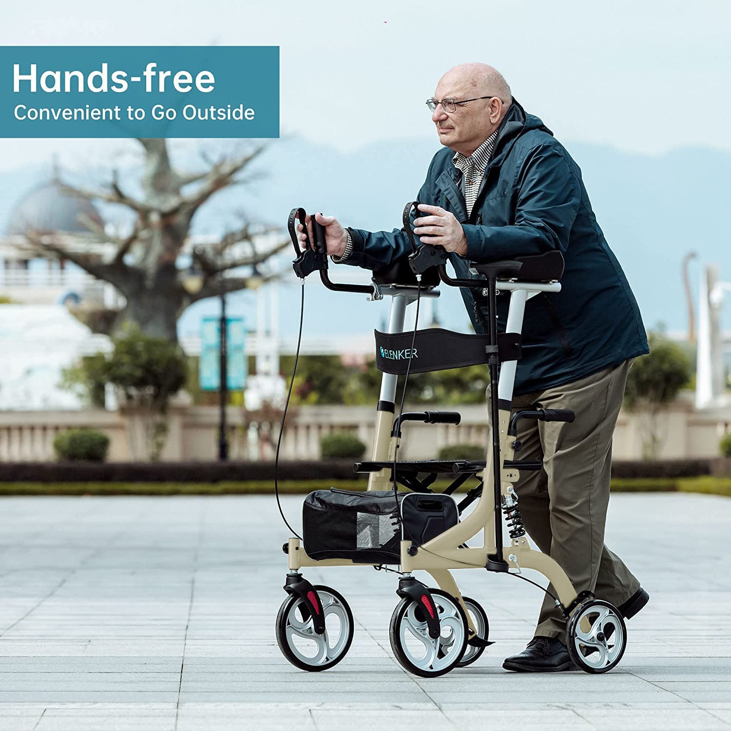 HFK-9211B ELENKER® Upright Rollator Walker Stand Up Rollator Walker With Shock Absorber Champagne