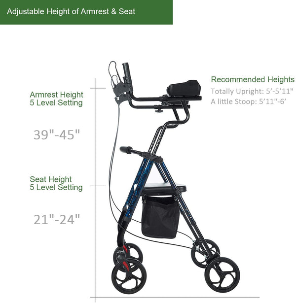 HFK-9236 ELENKER® Tall Upright Walker Forearm Rollator Walker Stand Up Rolling Walker with Padded Seat and Backrest for Seniors from 5’6” to 6’3”  Flame Blue