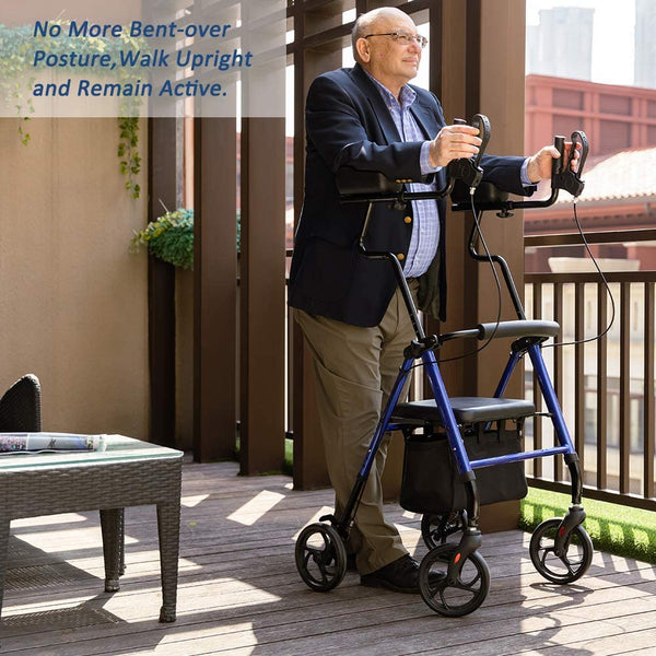 HFK-9236 ELENKER® Tall Upright Walker Forearm Rollator Walker Stand Up Rolling Walker with Padded Seat and Backrest for Seniors from 5’6” to 6’3”  Blue Refurbished