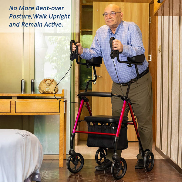 HFK-9236 ELENKER® Tall Upright Walker Forearm Rollator Walker Stand Up Rolling Walker with Padded Seat and Backrest for Seniors from 5’6” to 6’3” Red