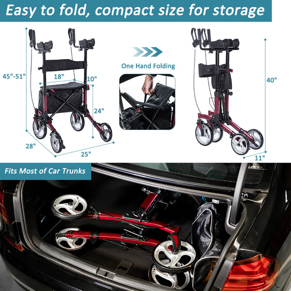 HFK-9223 ELENKER® Upright Walker Stand Up Folding Rollator Walker with 10” Front Wheels Backrest Seat and Padded Armrests for Seniors and Adults Wine red