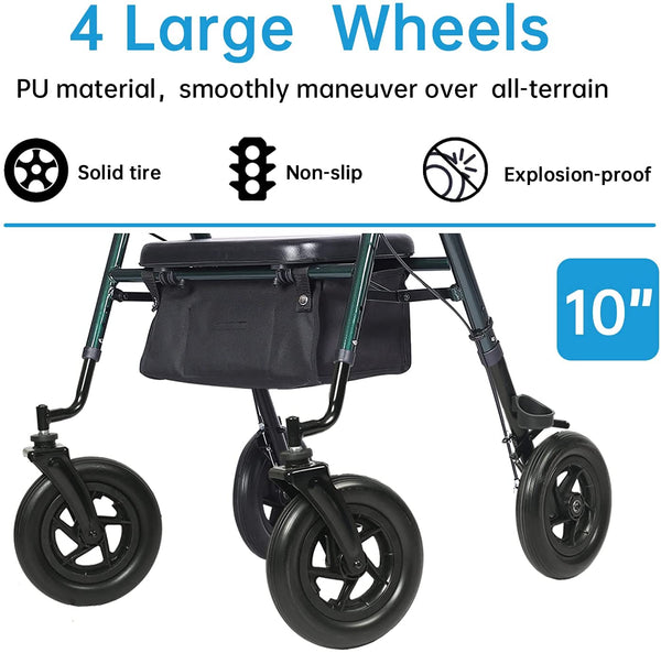 HFK-9236T4 ELENKER® Upright Rollator Walker, Stand Up Rolling Walker with 10’’Big PU Wheels and Adjustable Padded Armrests for Seniors from 4’8”to 6'4” Green