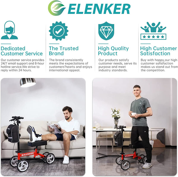 ELENKER® YF-9003C Steerable Knee Walker Deluxe Medical Scooter for Foot Injuries Compact Crutches Alternative Red