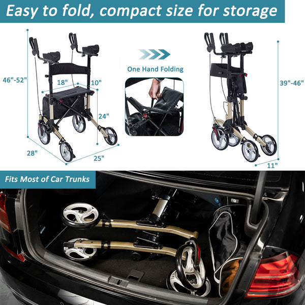 HFK-9223 ELENKER® Upright Walker Stand Up Folding Rollator Walker with 10” Front Wheels Backrest Seat and Padded Armrests for Seniors and Adults champagne