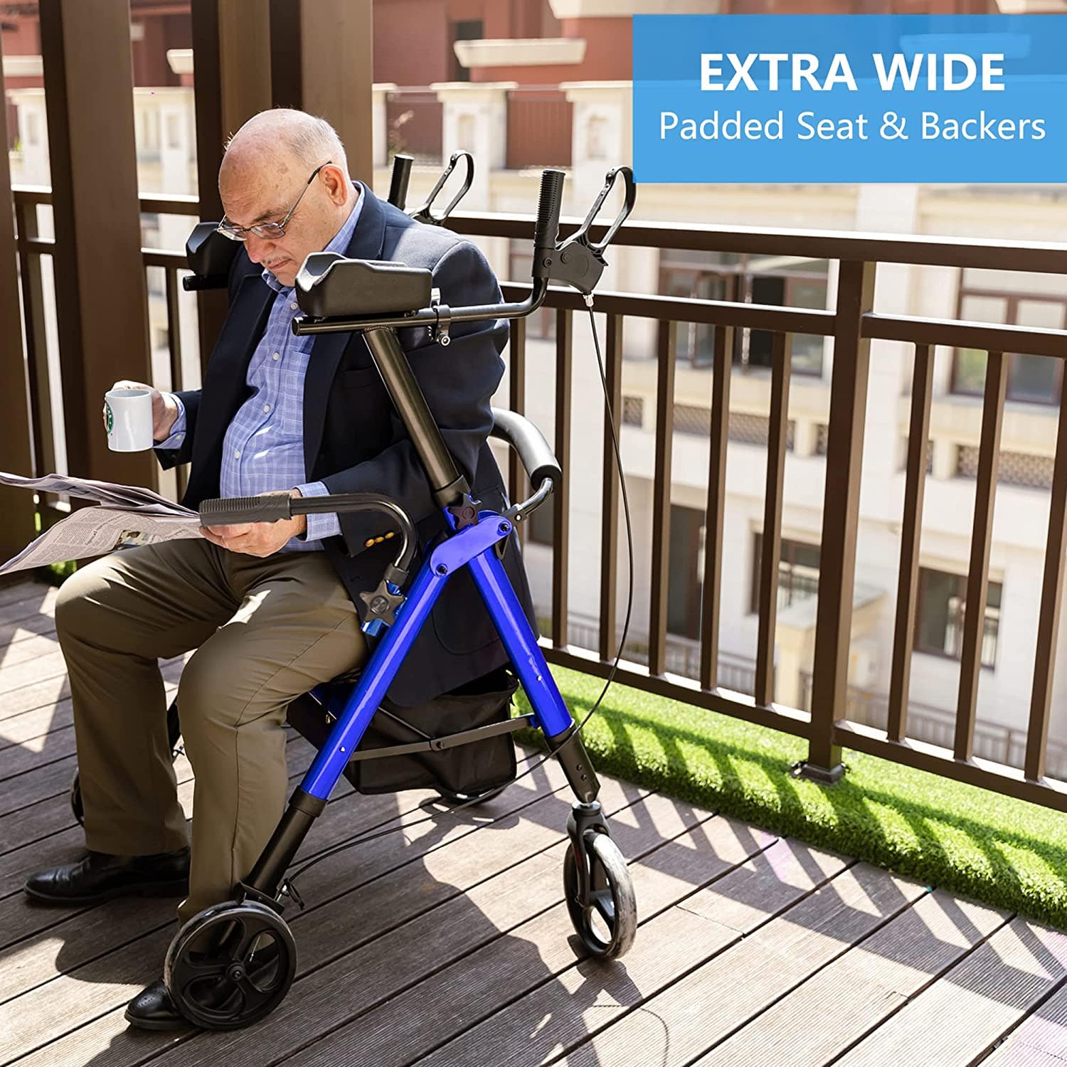 HFK-9219B PLUS ELENKER® Heavy Duty Upright Walker, Bariatric Stand Up Rollator Walker with Extra Wide Padded Seat & Backrest Blue