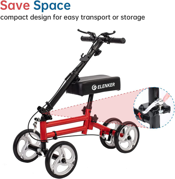 ELENKER® YF-9005A Knee Scooter Economy Knee Walker with Dual Braking System for Injury or Surgery to The Foot, Ankle Injuries Red Refurbished