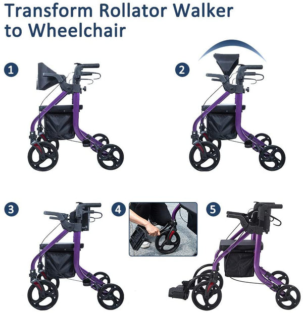 KLD-9269  ELENKER®  2 in 1 Rollator Walker & Transport Chair Folding Wheelchair Rolling Mobility Walking Aid with Seat Belt Padded Seat and Detachable Footrests for Adult Seniors Purple