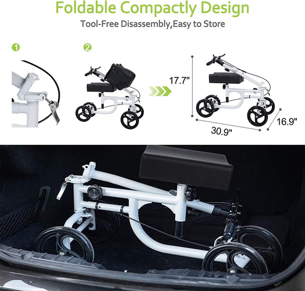 HCT-9125A BEYOUR WALKER Folding Knee Walker for Foot Injuries with Dual Braking System Crutches Alternative  White Refurbished