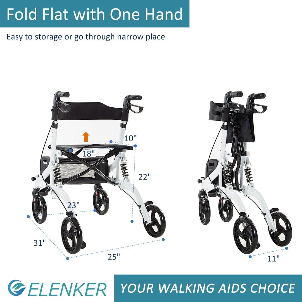 HFK-9211 Rollator Walker with Seat, Rolling Mobility Walking Aid, Shock Absorber and Carrying Pouch, Compact Folding Design, Fits for Elderly from 5’2”-6’5”, Supports up to 350 LBS freeshipping - Elenker