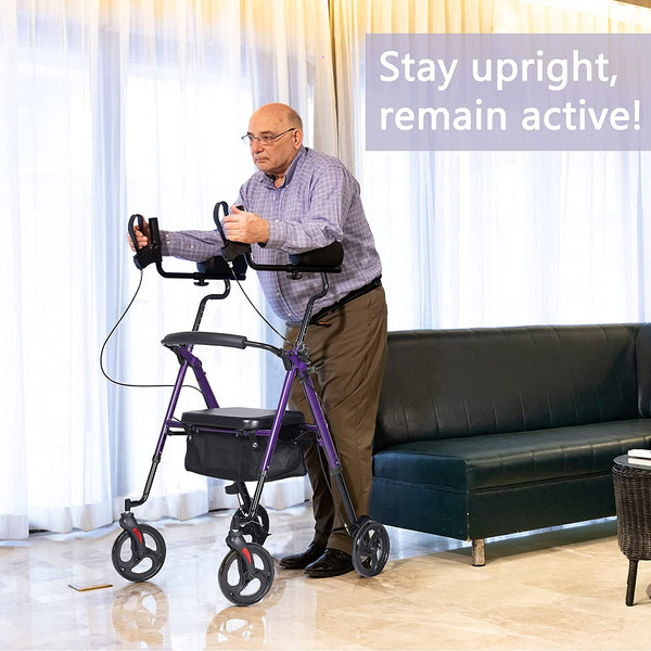 HFK-9236T3 ELENKER® Upright Rollator Walker, Tall Stand Up Rolling Walker with PU Foam Seat and Sit-to-Stand Handles for Seniors from 4’8” to 6'4" Purple