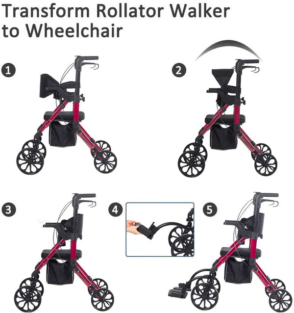 KLD-9269  ELENKER®  2 in 1 Rollator Walker & Transport Chair Folding Wheelchair Rolling Mobility Walking Aid with Seat Belt Padded Seat and Detachable Footrests for Adult Red