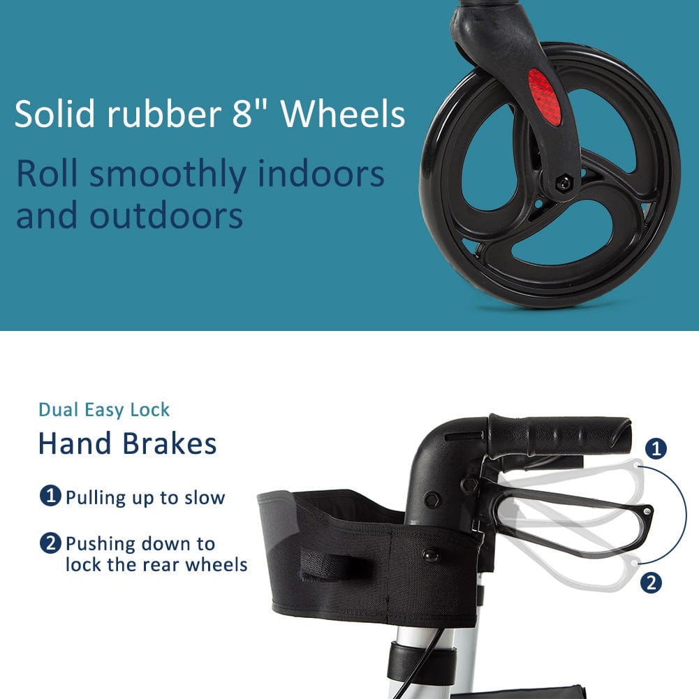 HFK-9211 Rollator Walker with Seat, Rolling Mobility Walking Aid, Shock Absorber and Carrying Pouch, Compact Folding Design, Fits for Elderly from 5’2”-6’5”, Supports up to 350 LBS freeshipping - Elenker