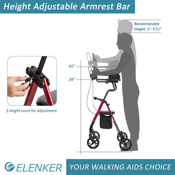 HFK-9236 ELENKER® Tall Upright Walker Forearm Rollator Walker Stand Up Rolling Walker with Padded Seat and Backrest for Seniors from 5’6” to 6’3” Red Refurbished
