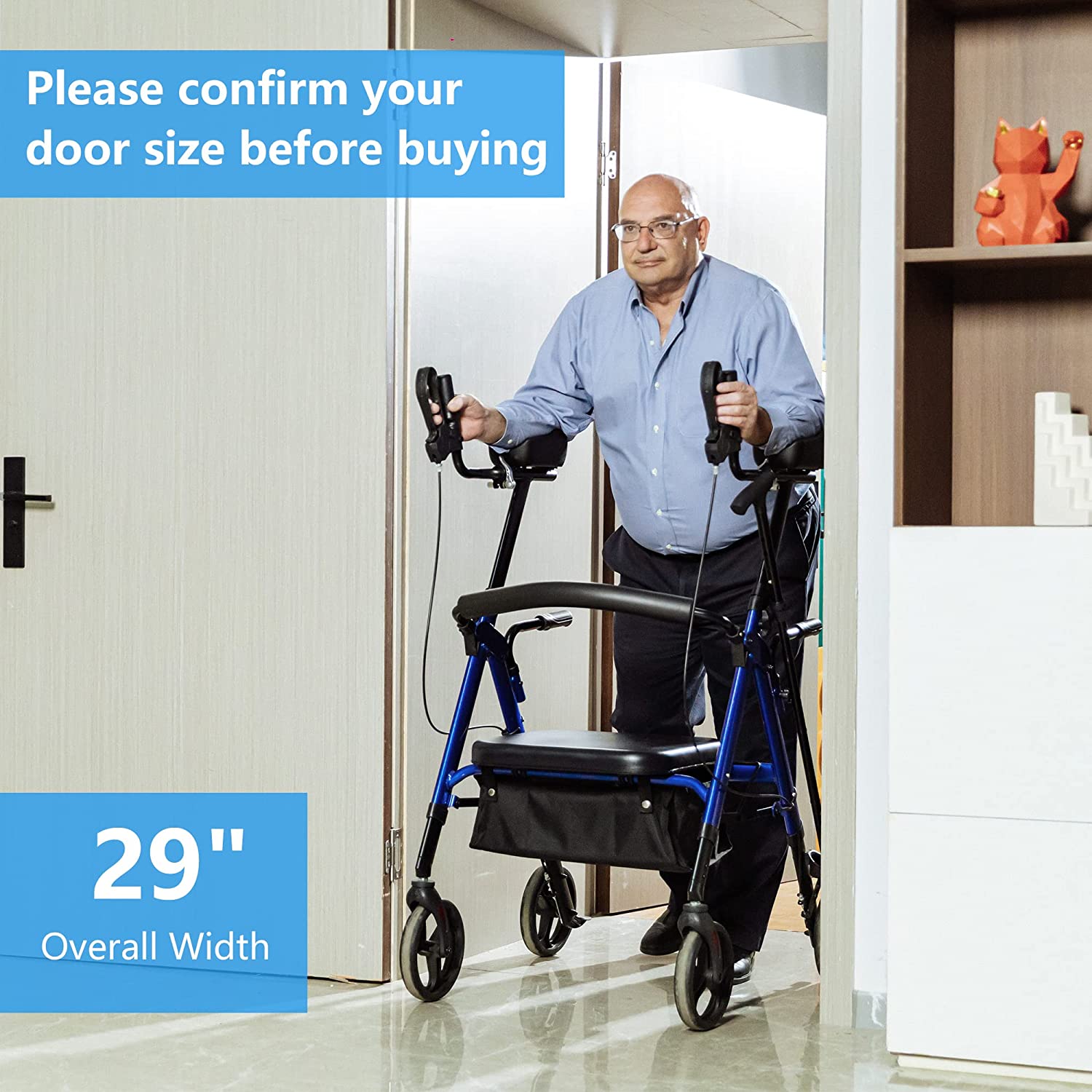 HFK-9219B PLUS ELENKER® Heavy Duty Upright Walker, Bariatric Stand Up Rollator Walker with Extra Wide Padded Seat & Backrest Blue