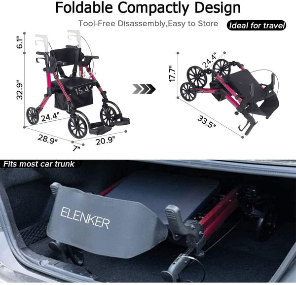 KLD-9269  ELENKER®  2 in 1 Rollator Walker & Transport Chair Folding Wheelchair Rolling Mobility Walking Aid with Seat Belt Padded Seat and Detachable Footrests for Adult Red