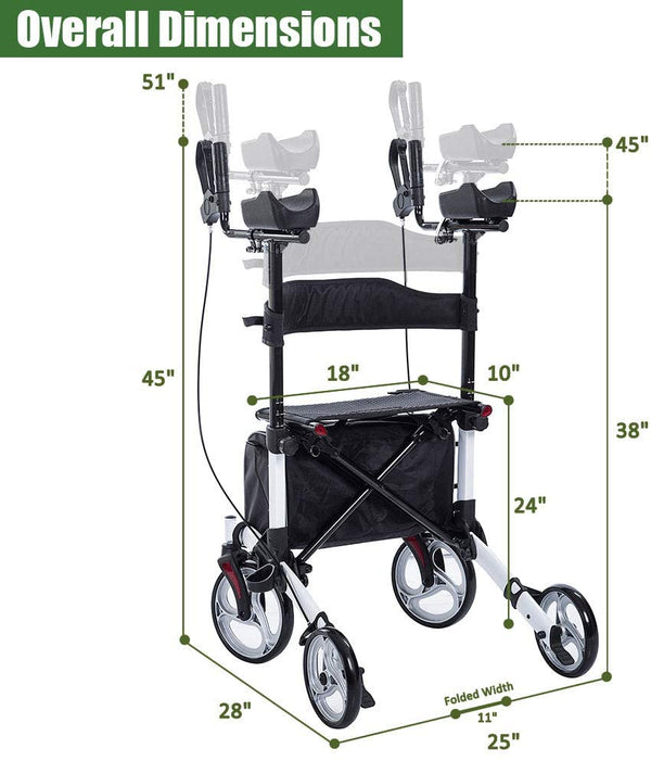 HFK-9223 ELENKER® Upright Walker Stand Up Folding Rollator Walker with 10” Front Wheels Backrest Seat and Padded Armrests for Seniors and Adults white