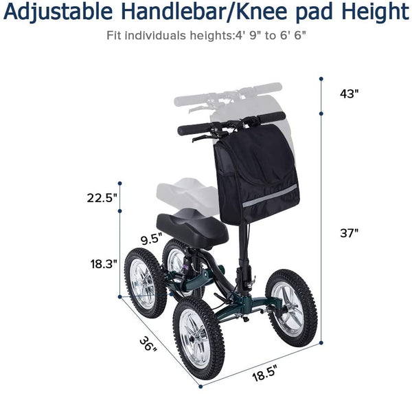 KLD-9251  ELENKER®  Knee Scooter Economy Steerable Knee Walker Ultra Compact & Portable Crutch Alternative with 12" All-Terrain Wheels Shock Absorber Strong Disc Brake for Ankle/Foot/Leg Injury or Surgery Green