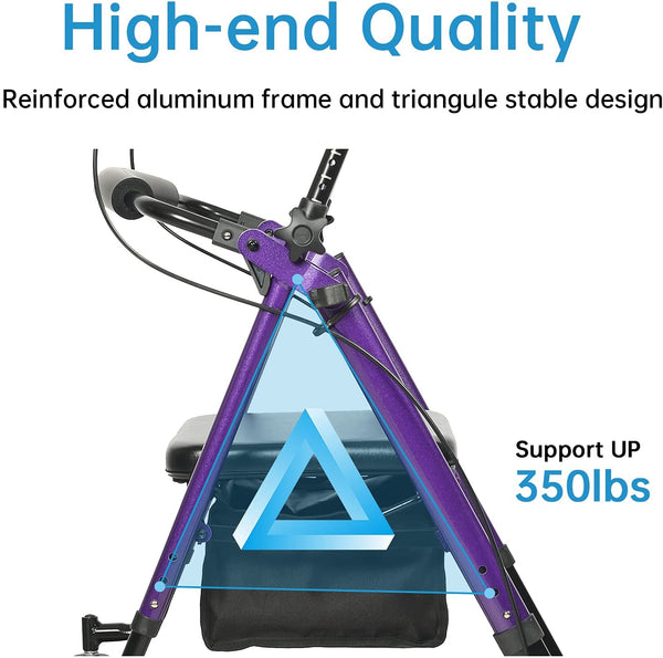 HFK-9236T4 ELENKER® Upright Rollator Walker, Stand Up Rolling Walker with 10’’Big PU Wheels and Adjustable Padded Armrests for Seniors from 4’8”to 6'4” Purple Refurbished