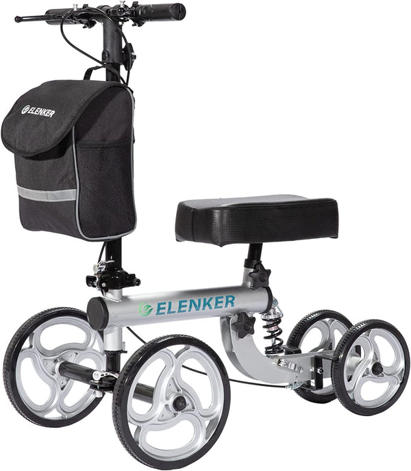 ELENKER® YF-9001 Knee Scooter Economy Steerable Knee Walker Ultra Compact & Portable Crutch Alternative with Basket Braking System Sliver