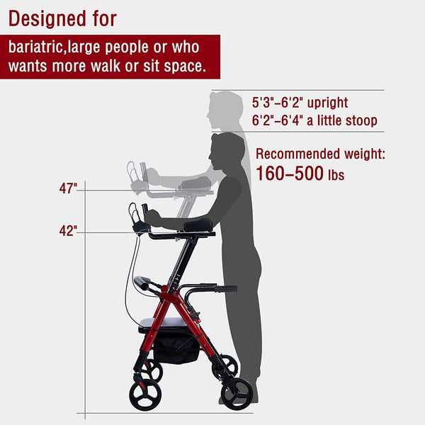 HFK-9219B PLUS ELENKER® Heavy Duty Upright Walker, Bariatric Stand Up Rollator Walker with Extra Wide Padded Seat & Backrest Red Refurbished