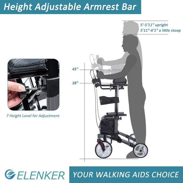 HFK-9223 ELENKER® Upright Walker Stand Up Folding Rollator Walker with 10” Front Wheels Backrest Seat and Padded Armrests for Seniors and Adults Fiber Black