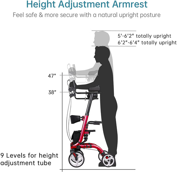 HFK-9210KDB-3 ELENKER® Upright Walker, Stand Up Folding Rollator Walker Back Erect Rolling Mobility Walking Aid with Seat,Padded Armrests for Seniors and Adults Red Refurbished