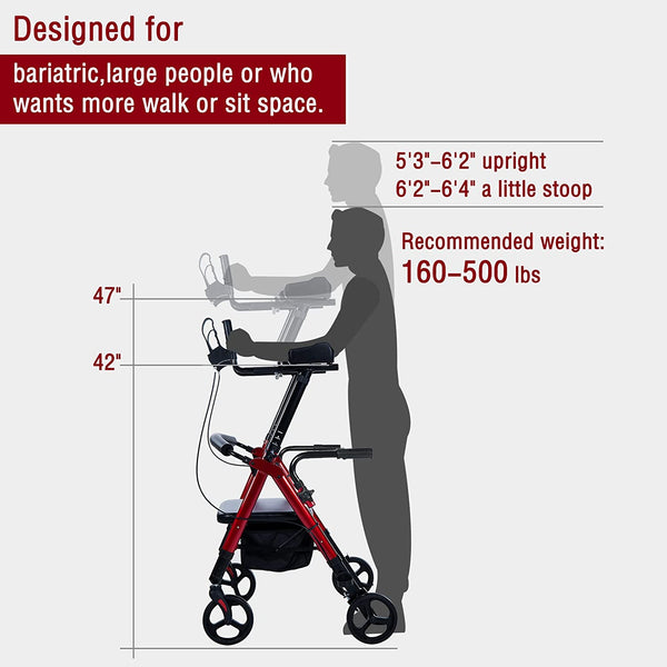 HFK-9219B PLUS ELENKER® Heavy Duty Upright Walker, Bariatric Stand Up Rollator Walker with Extra Wide Padded Seat & Backrest Red