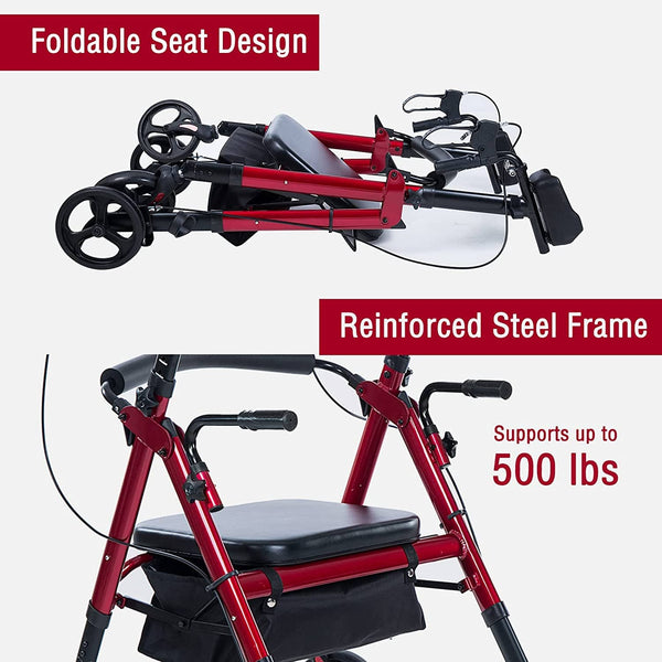 HFK-9219B PLUS ELENKER® Heavy Duty Upright Walker, Bariatric Stand Up Rollator Walker with Extra Wide Padded Seat & Backrest Red Refurbished