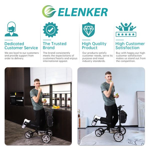 ELENKER® YF-9003D Steerable Knee Walker with 10in Front Wheels Deluxe Medical Scooter for Foot Injuries Compact Crutches Alternative Black