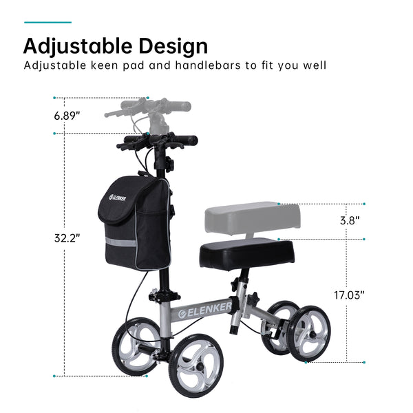 ELENKER® YF-9003C Steerable Knee Walker Deluxe Medical Scooter for Foot Injuries Compact Crutches Alternative Silver