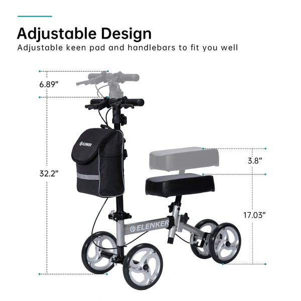 ELENKER® YF-9003C Steerable Knee Walker Deluxe Medical Scooter for Foot Injuries Compact Crutches Alternative Silver Refurbished