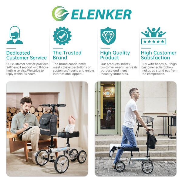 ELENKER® YF-9001 Knee Scooter Economy Steerable Knee Walker Ultra Compact & Portable Crutch Alternative with Basket Braking System Sliver