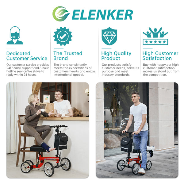 ELENKER® YF-9001 Knee Scooter Economy Steerable Knee Walker Ultra Compact & Portable Crutch Alternative with Basket Braking System Red