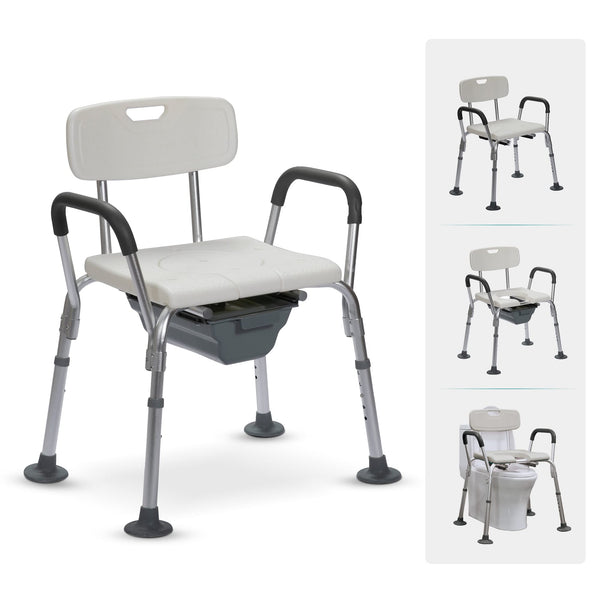 ELENKER® 4 in 1 Shower Chair with Armrests and Backrest, Bedside Commode Chair, Toilet Safety Rails and Raised Toilet Seat with Non-Slip Tips for Elderly, Disabled and Pregnant Women