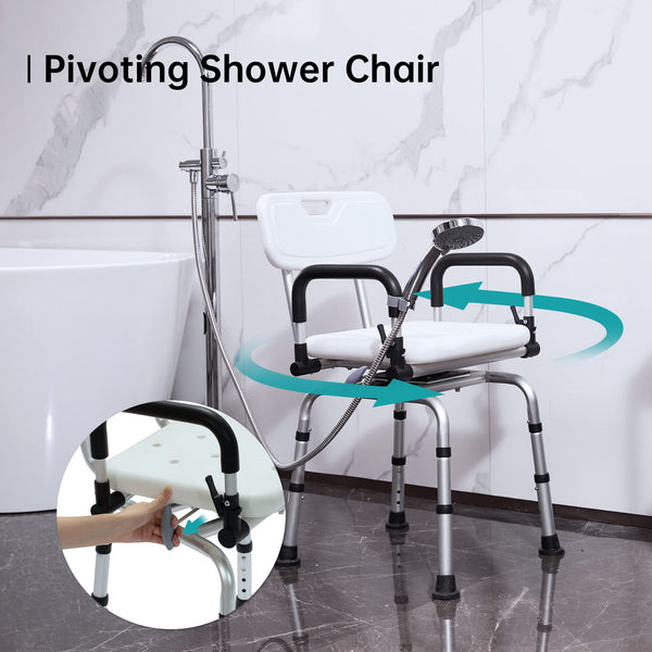 ELENKER® Swivel Shower Chair for Inside Shower, Adjustable Pivoting Bath Chair and Medical Grade Rotating Shower Seat with Liftable Armrests and Backrest