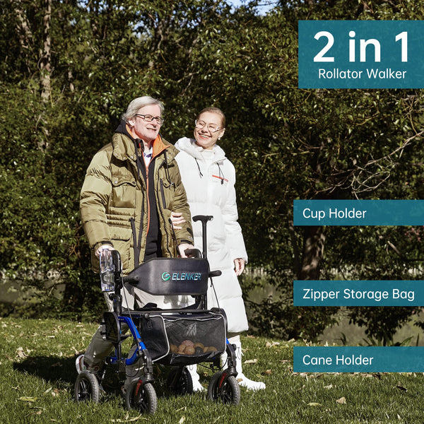 ELENKER® KLD-9224 All-Terrain 2 in 1 Rollator Walker & Transport Chair, Folding Wheelchair with 10in Non-Pneumatic Wheels for Seniors, Reversible Backrest & Detachable Footrests, Blue