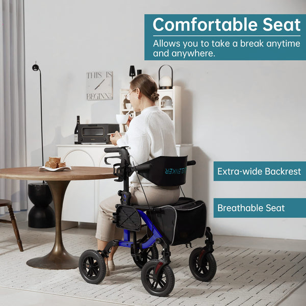ELENKER® KLD-9224 All-Terrain 2 in 1 Rollator Walker & Transport Chair, Folding Wheelchair with 10in Non-Pneumatic Wheels for Seniors, Reversible Backrest & Detachable Footrests, Blue