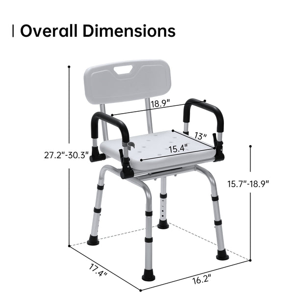 ELENKER® Swivel Shower Chair for Inside Shower, Adjustable Pivoting Bath Chair and Medical Grade Rotating Shower Seat with Liftable Armrests and Backrest
